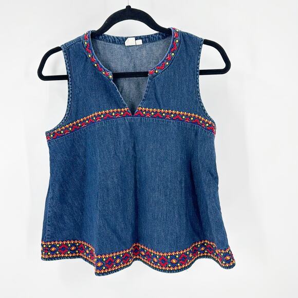 Gap Sleeveless Embroidered Ruffle Top in Denim bohemian summer vacation size XS - Picture 2 of 8